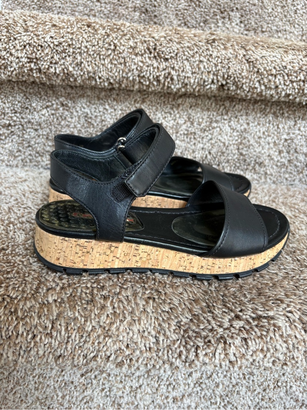 Prada Women’s Black Cork Platform Strappy Linea Rossa Sandals